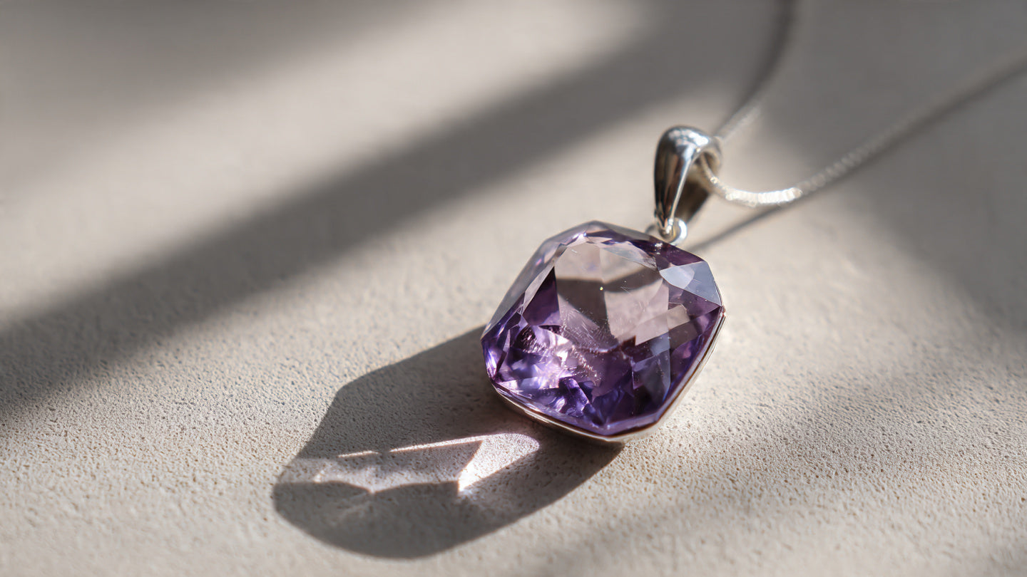 Sterling silver pendant with an unconventional geometric amethyst cut