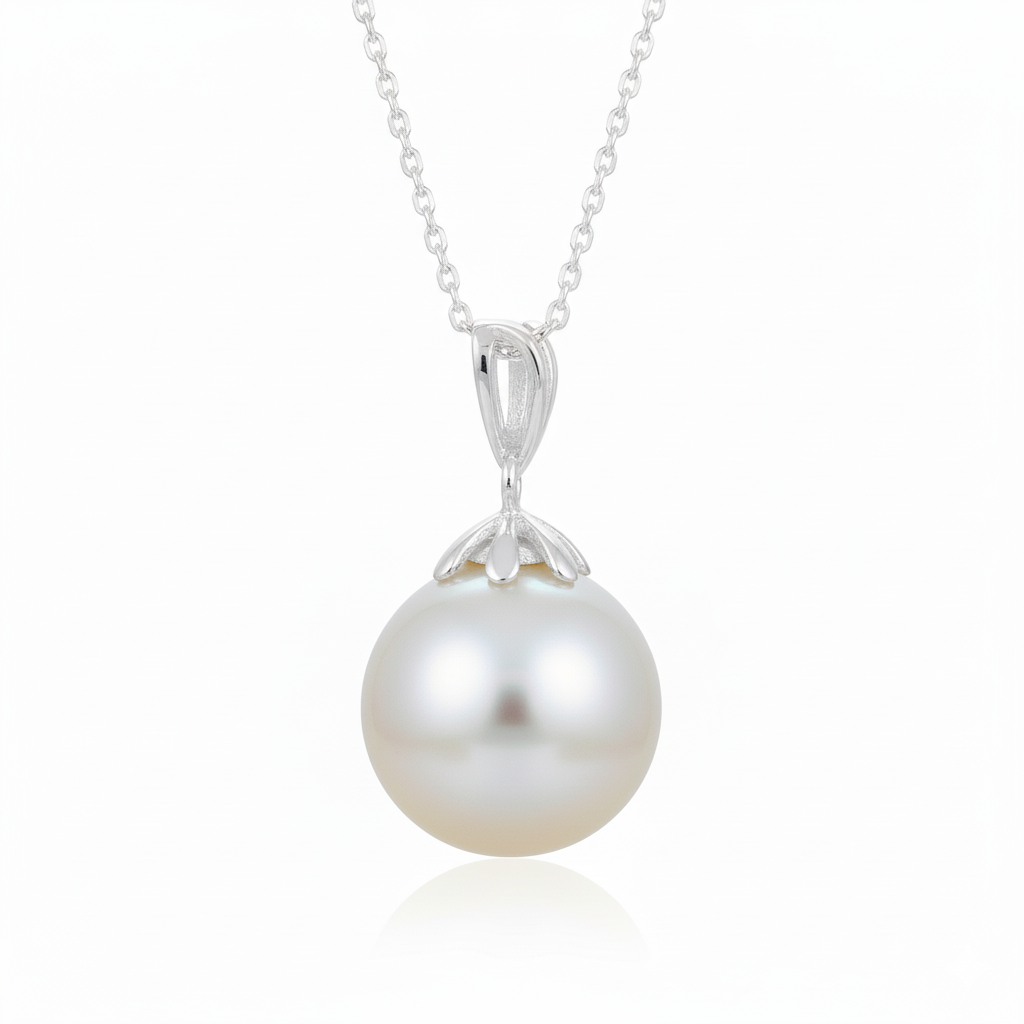Pearl necklace with silver pendant on a white background