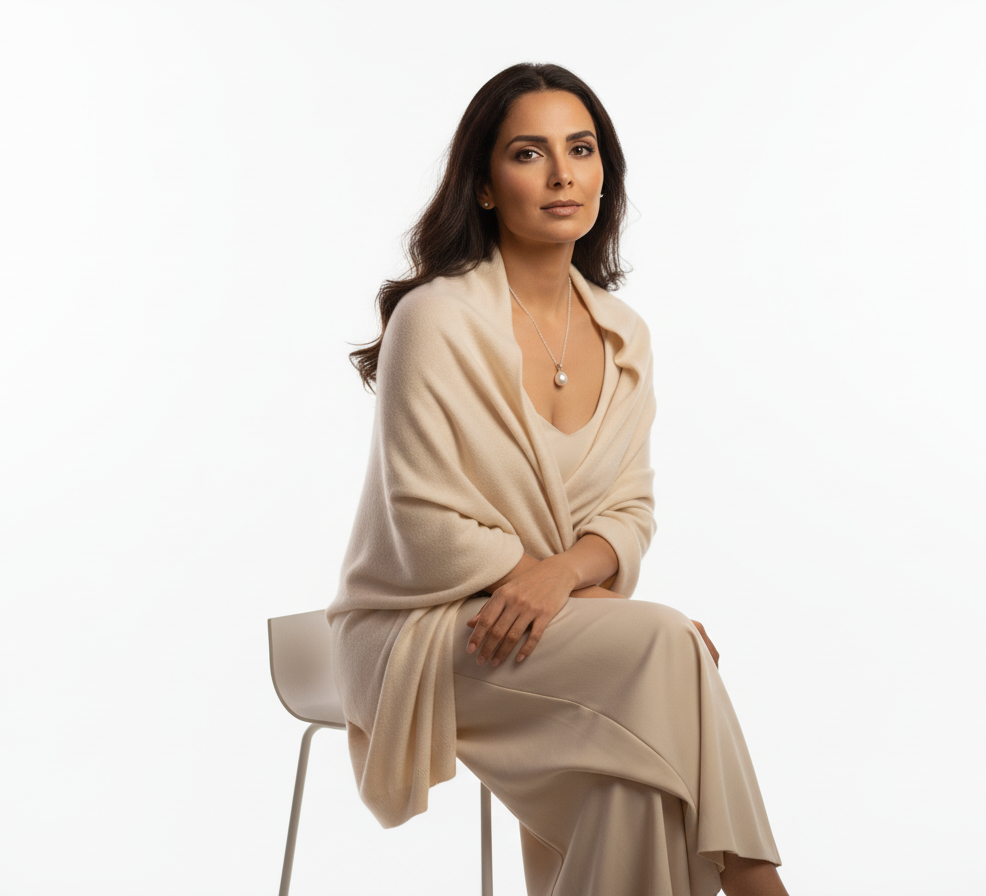 Woman wearing a beige outfit sitting on a white chair against a white background