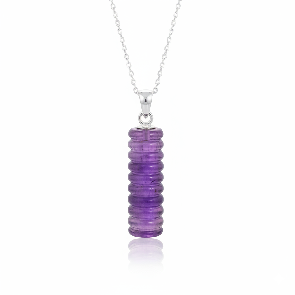 Purple beaded pendant on a silver chain against a white background