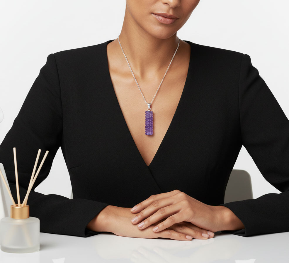 Woman wearing a necklace with a purple pendant against a white background
