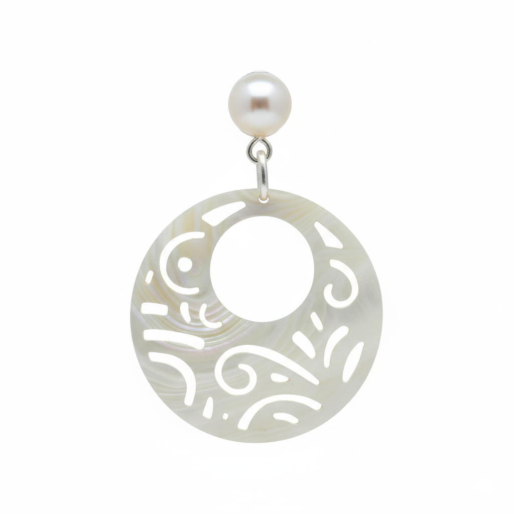 Earring with a pearl and decorative circular design on a white background