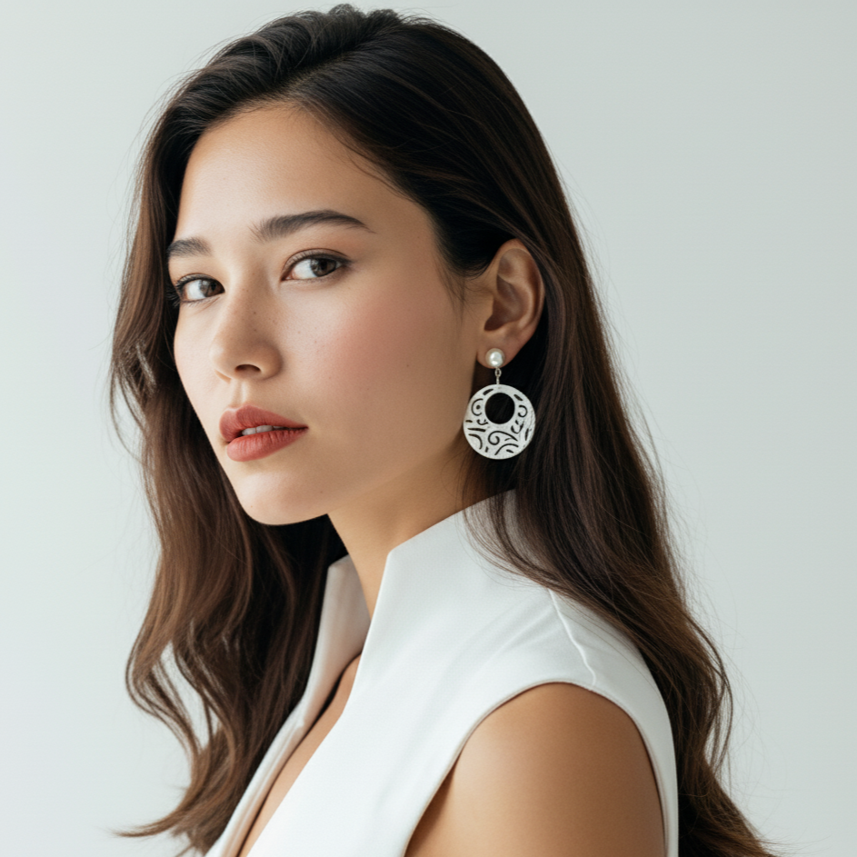 Woman wearing a white sleeveless top with a pearl earring on a plain background