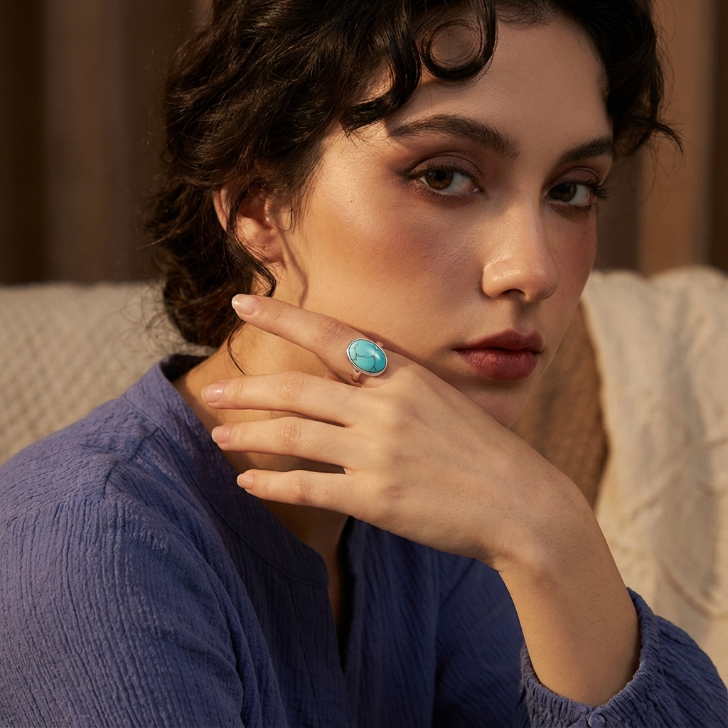 Woman wearing Turquoise Oval Ring on hand in lifestyle setting
