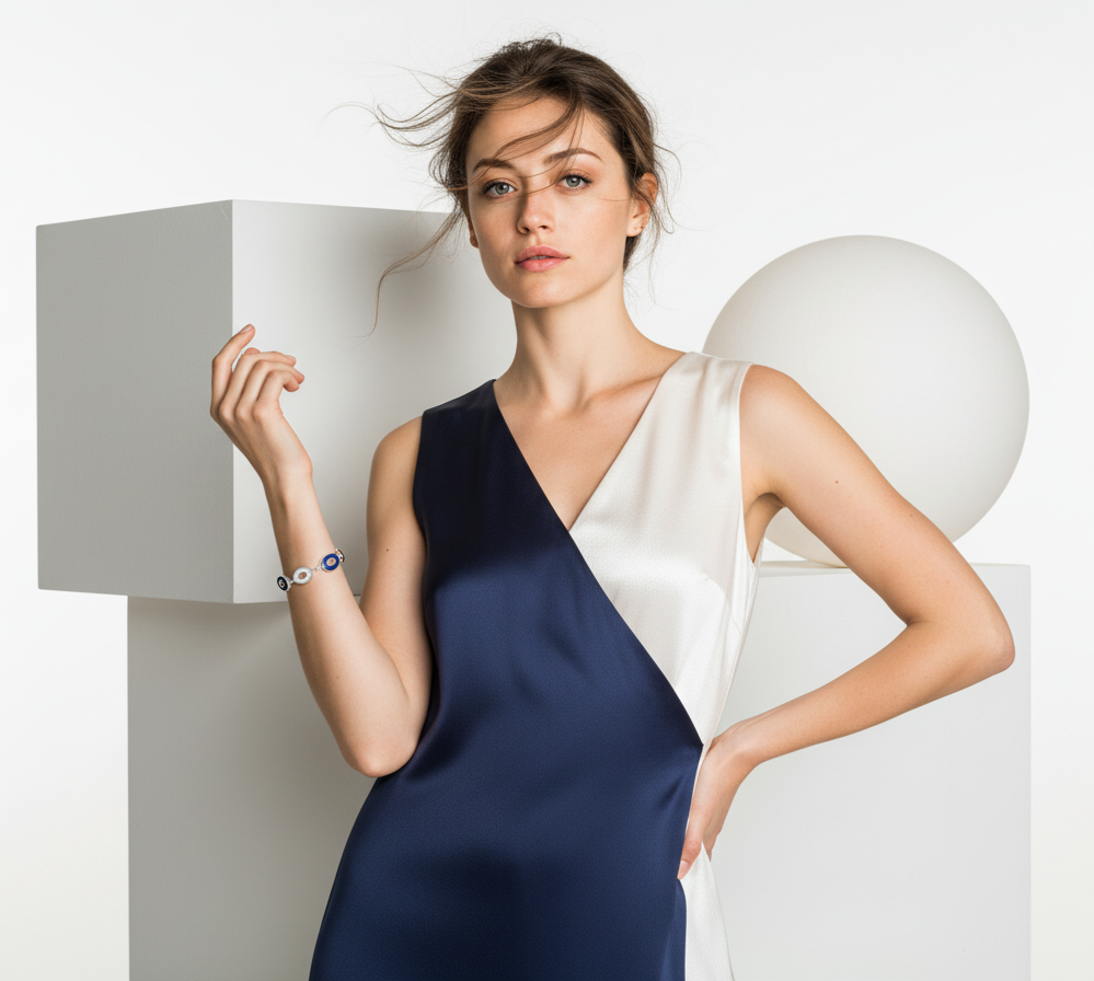 Woman wearing a blue and white dress with modern architectural elements in the background