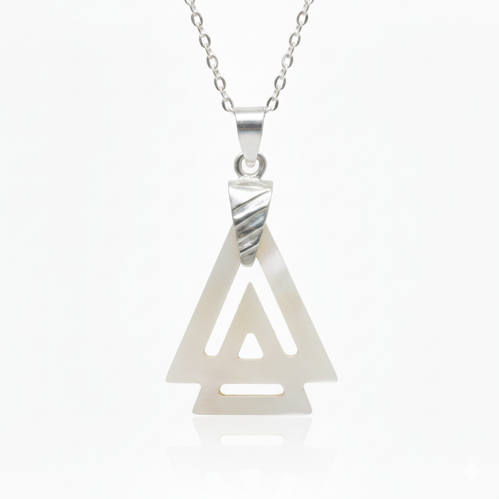 Silver necklace with a triangular pendant on a white background