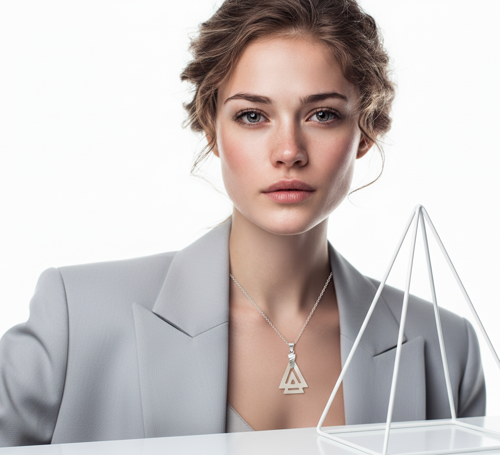 Woman wearing a gray blazer and silver necklace with a white background