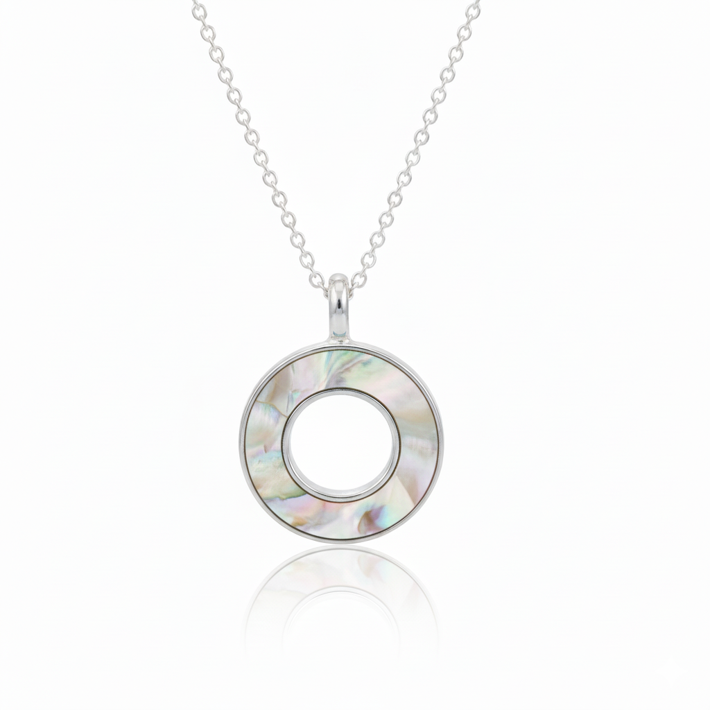 Necklace with a circular pendant featuring mother-of-pearl inlay on a white background