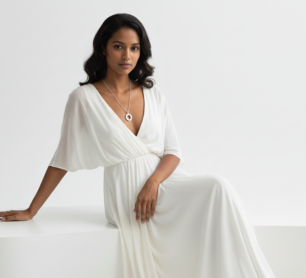 Woman wearing a white dress sitting on a white surface with a plain white background