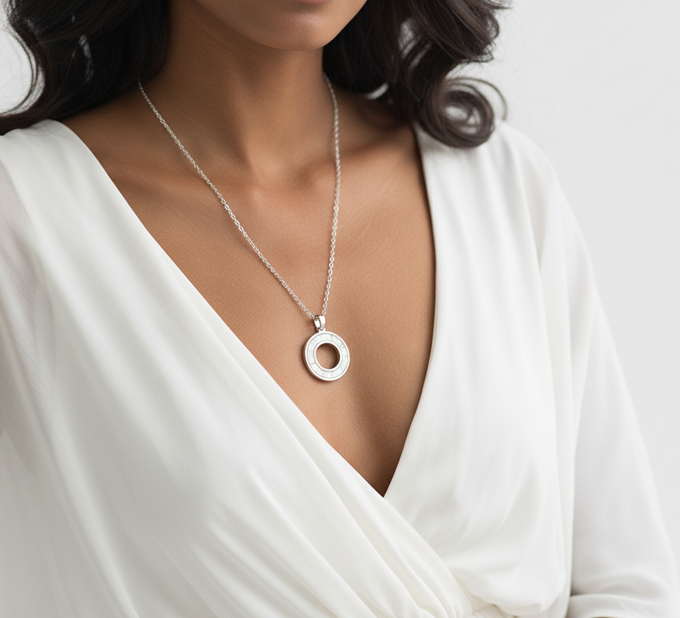 Silver necklace with a circular pendant worn by a person in a white top.