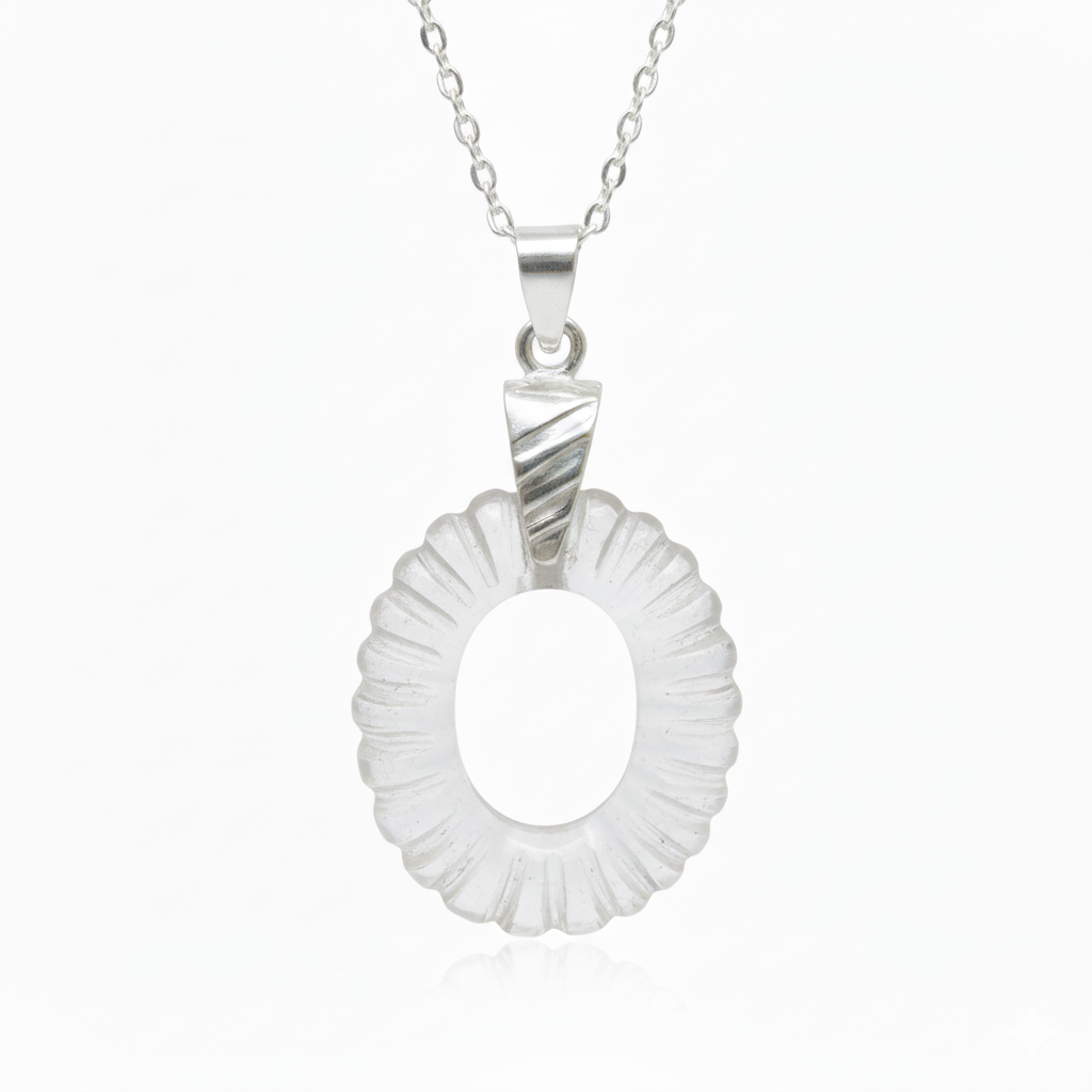 Silver necklace with a white circular pendant on a white background