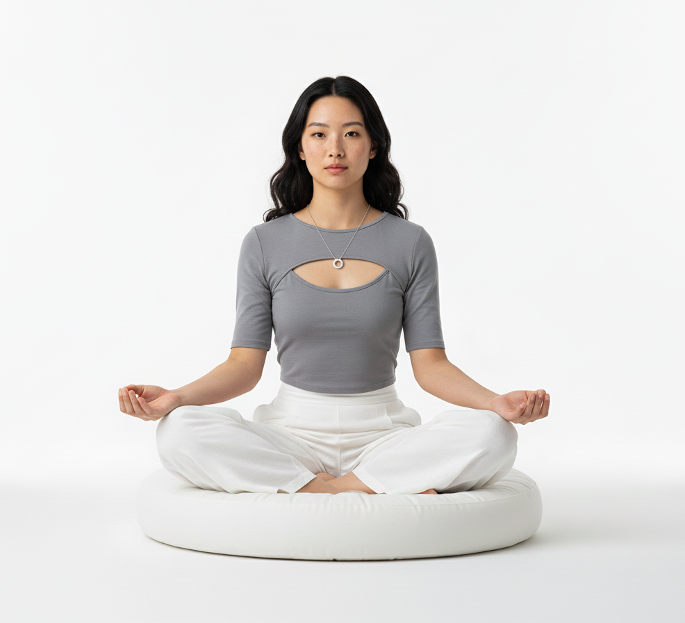 Woman sitting in a meditative pose on a white background