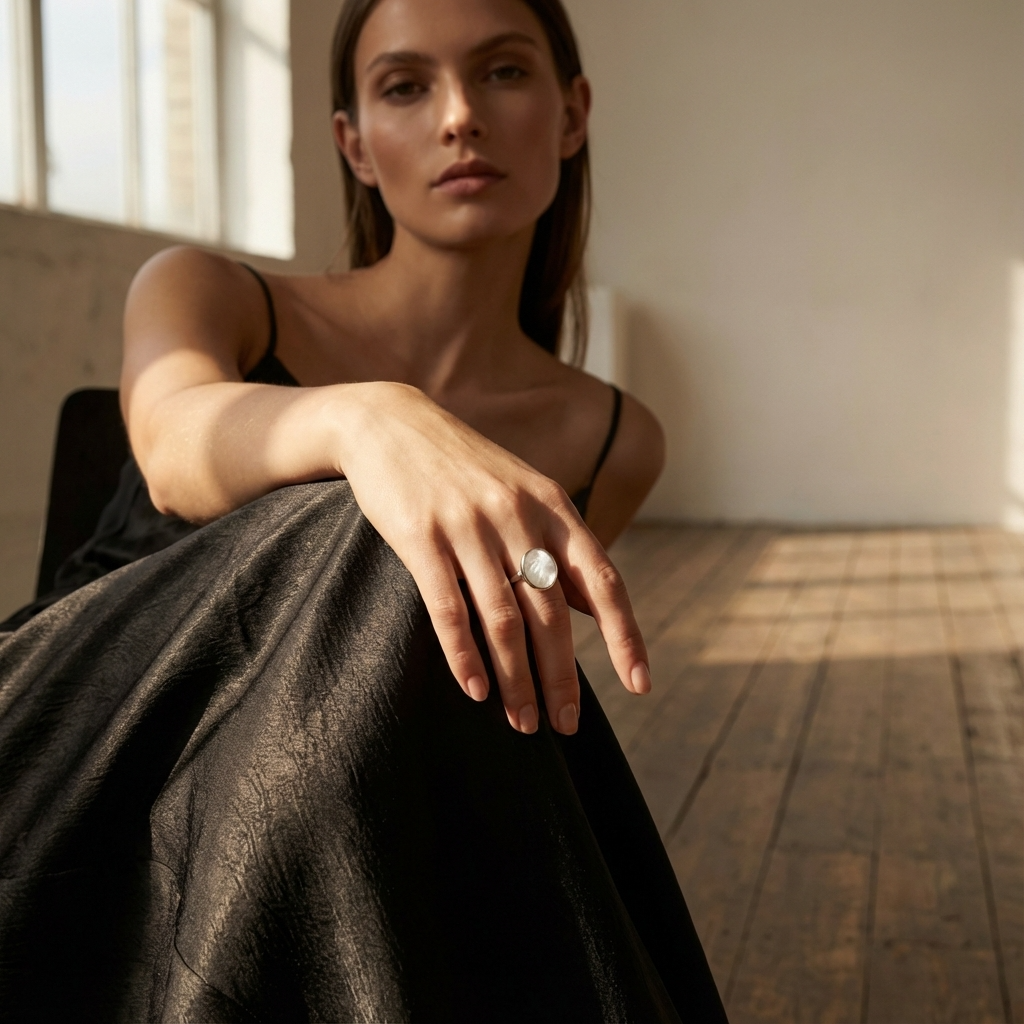 Woman wearing Mother of Pearl Oval Ring on hand, showing stone and band in lifestyle setting