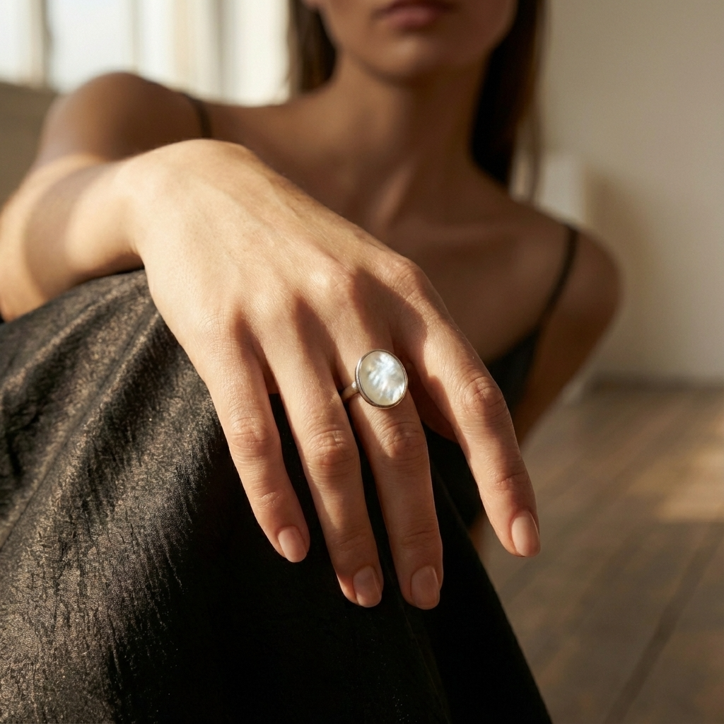Close-up of Mother of Pearl Oval Ring on hand showing iridescent stone detail and silver setting