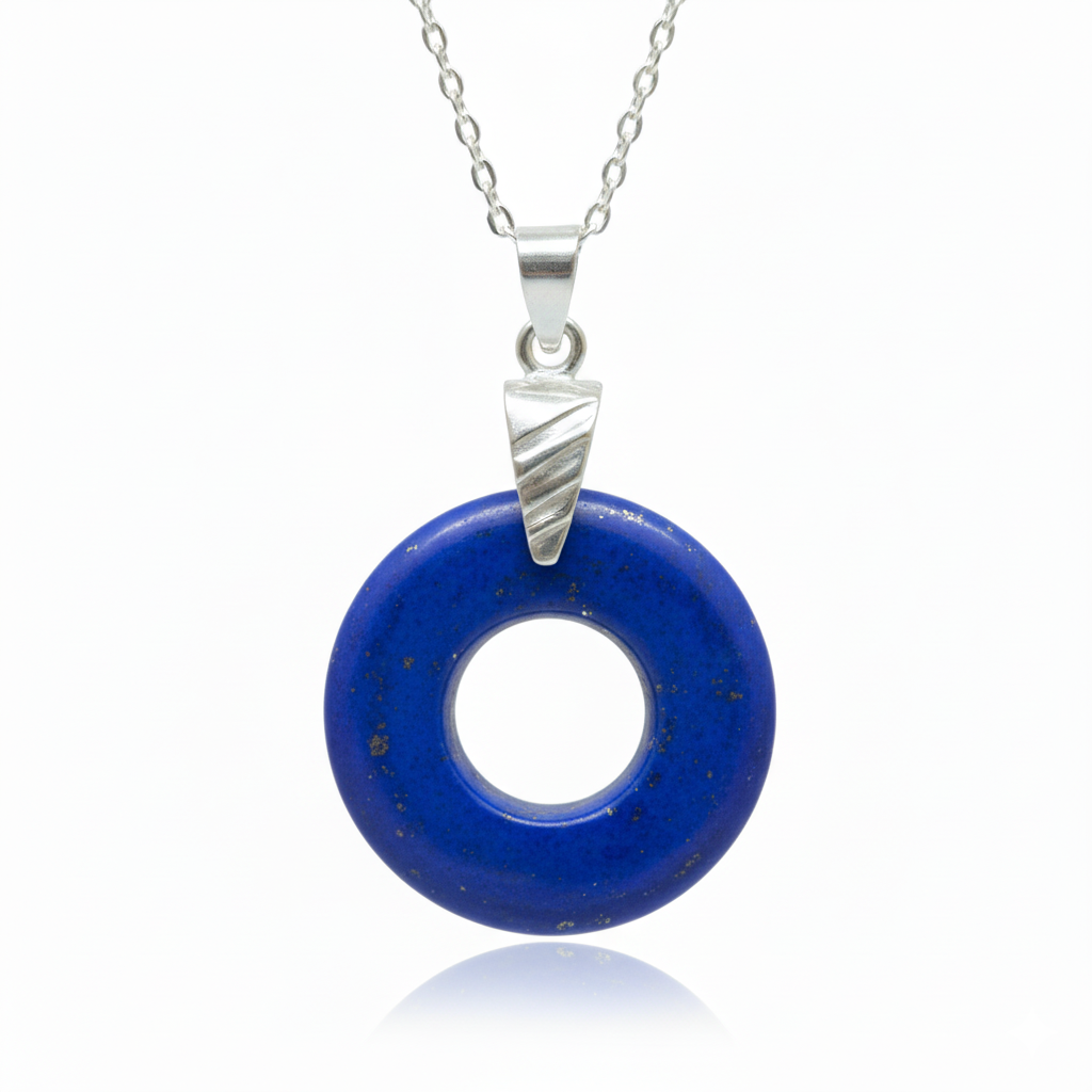 Blue circular pendant with silver triangle on a white background