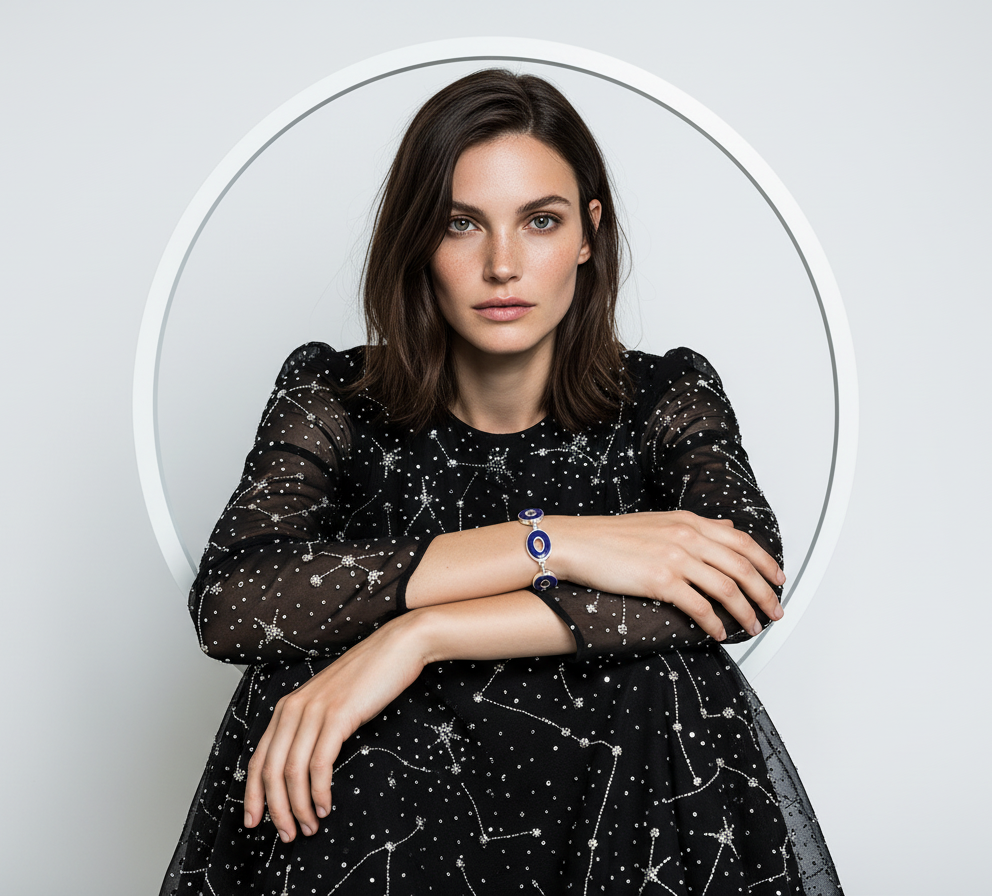 Woman wearing a black dress with star patterns and a blue watch, standing against a white background.