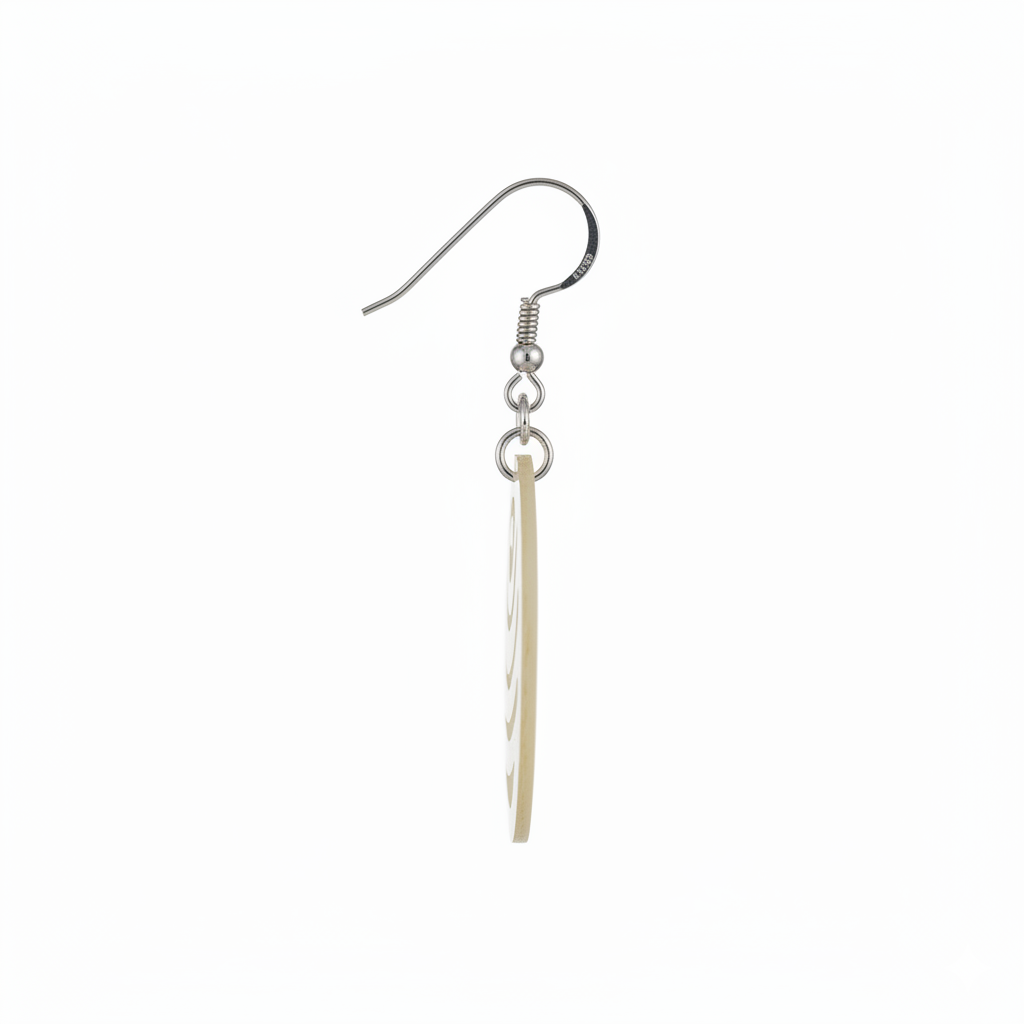 Silver earring with a thin, curved design on a white background