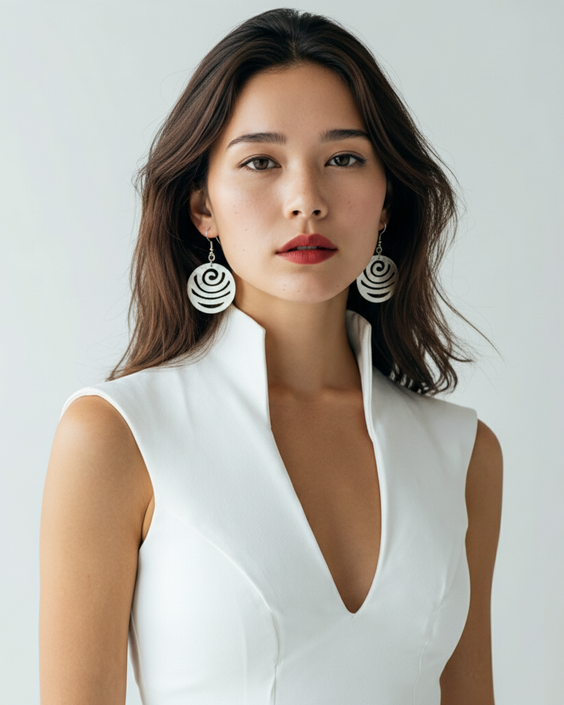 Woman wearing a white sleeveless top and large spiral earrings against a light background