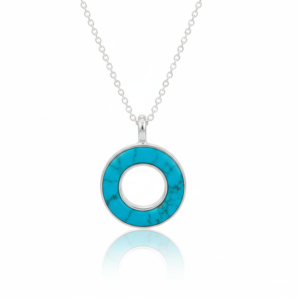 Necklace with a blue circular pendant on a white background