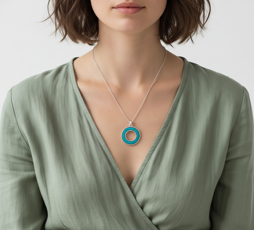 Woman wearing a green dress with a necklace featuring a blue pendant on a plain background