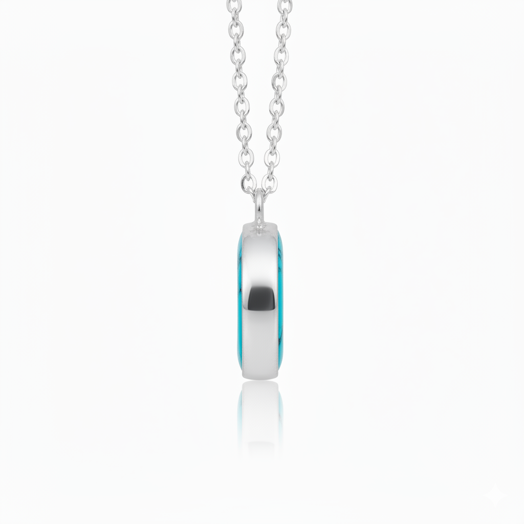 Silver necklace with a blue accent on a white background