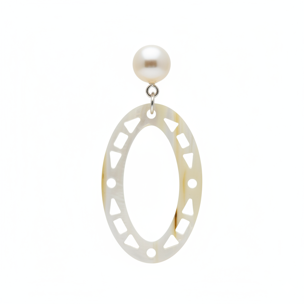 Pearl earring with a decorative metal frame on a white background