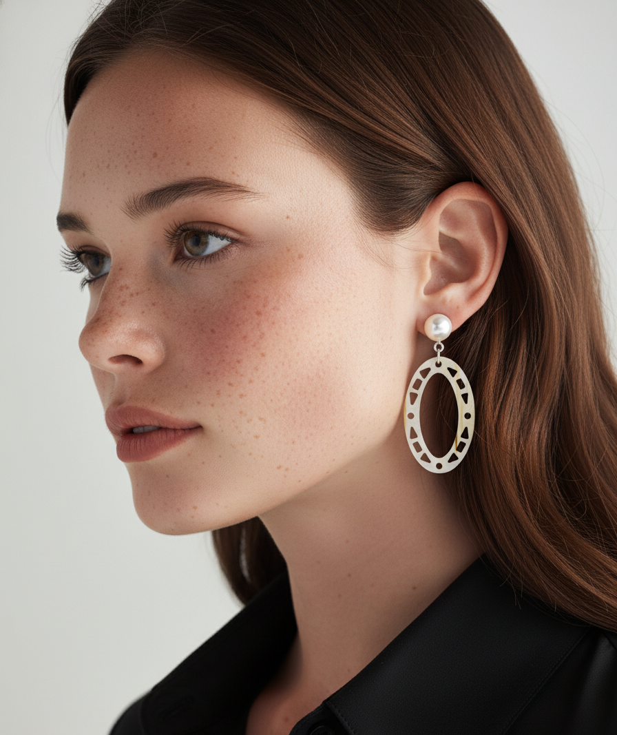 Close-up of a woman wearing a hoop earring with a white background