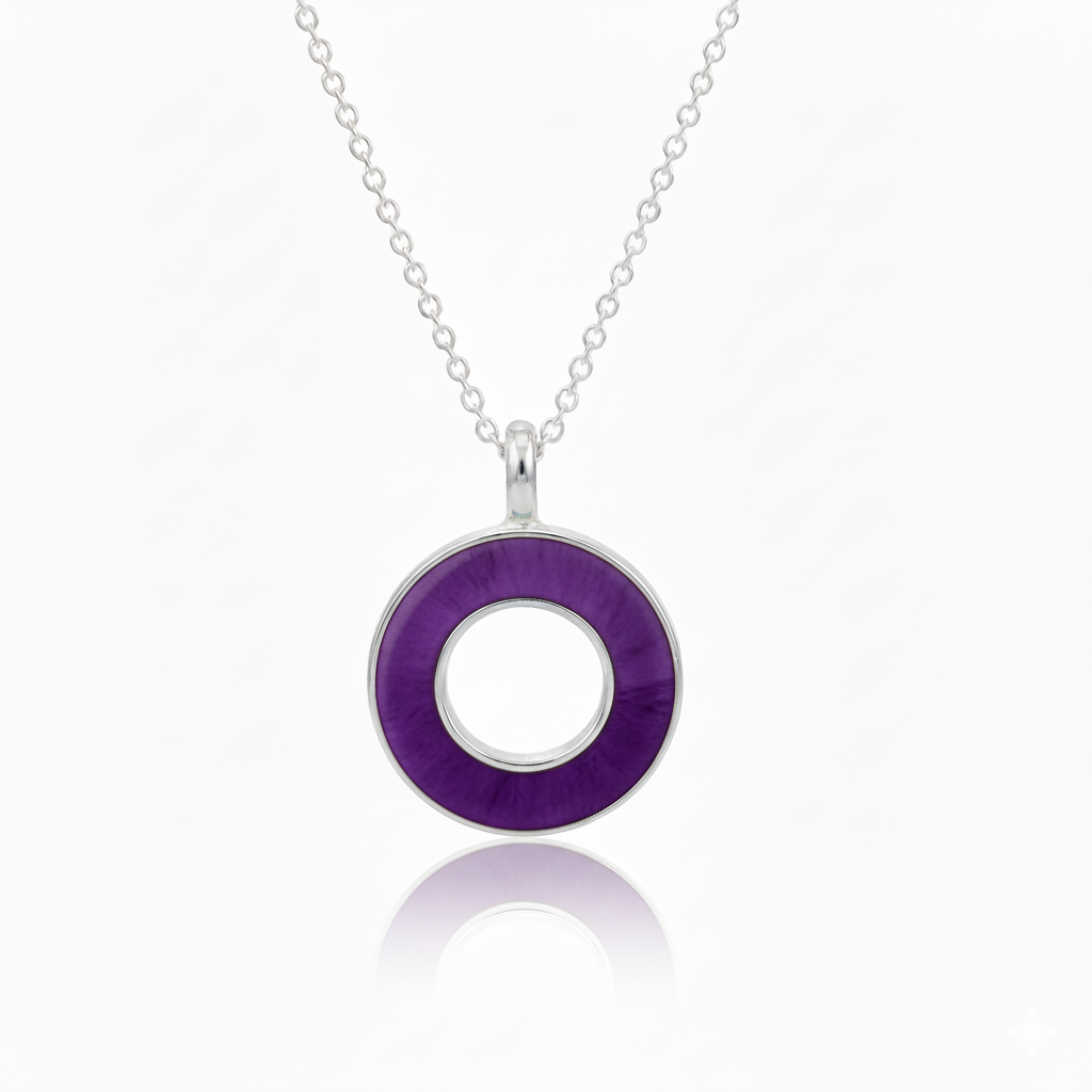 Purple circular pendant on a silver chain against a white background