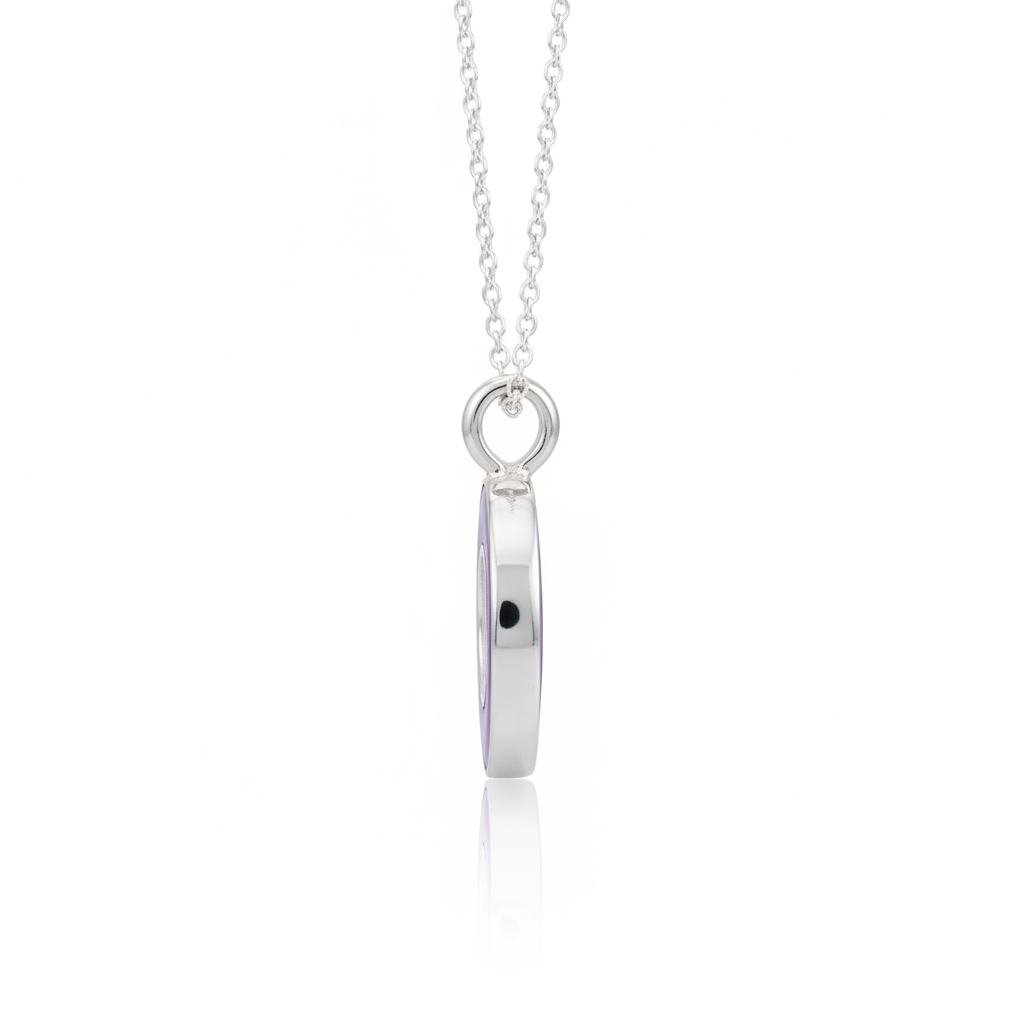 Silver necklace with a round pendant on a white background