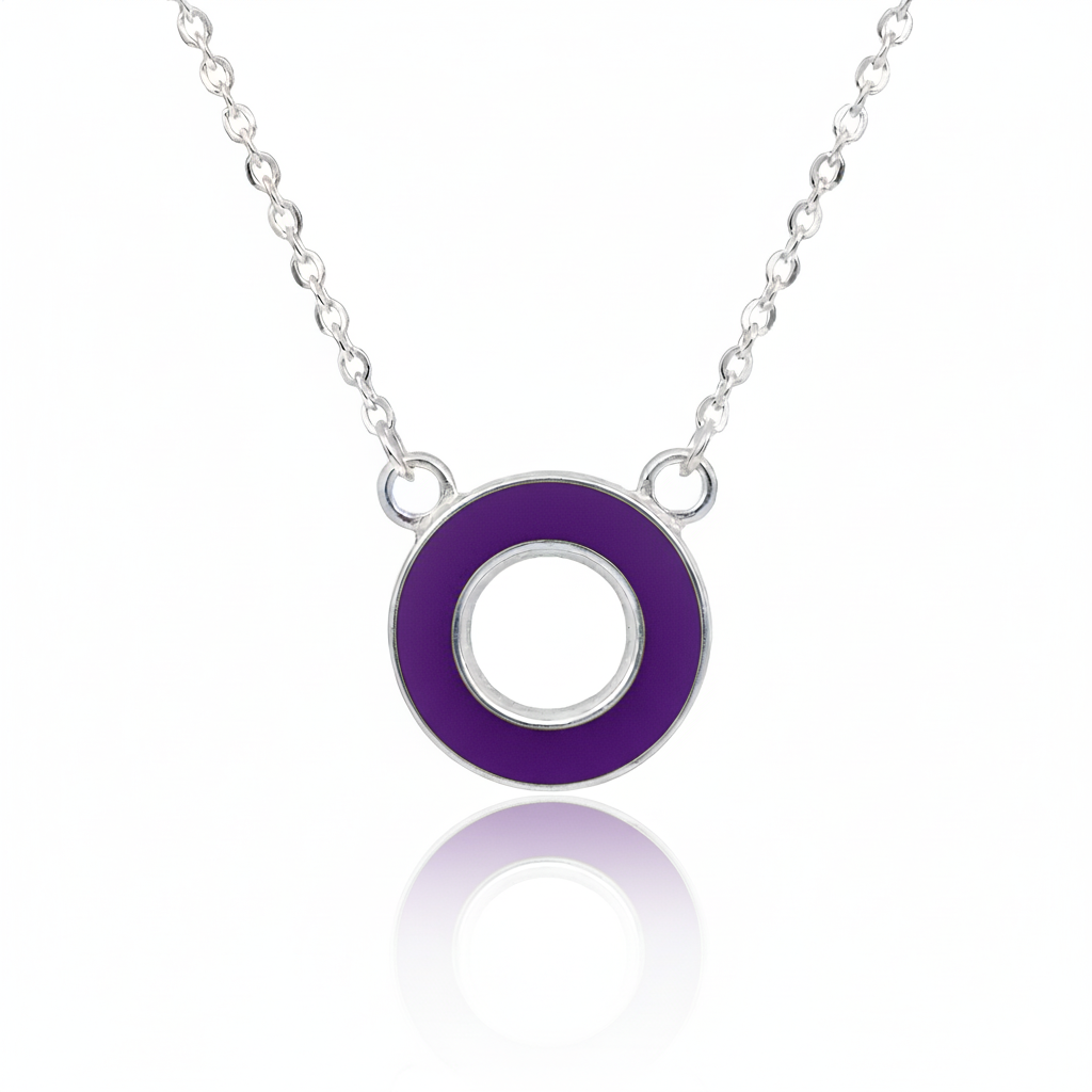 Necklace with a purple circular pendant on a white background