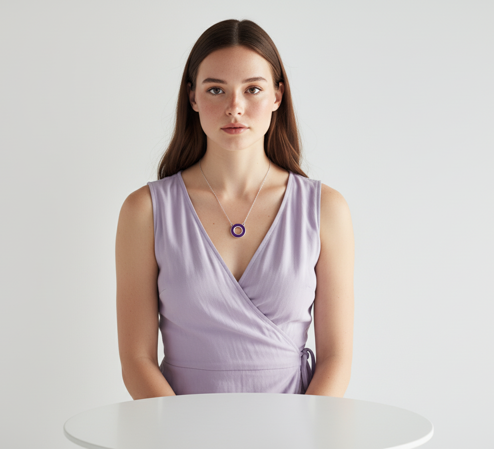 Woman wearing a light purple dress with a necklace on a white background