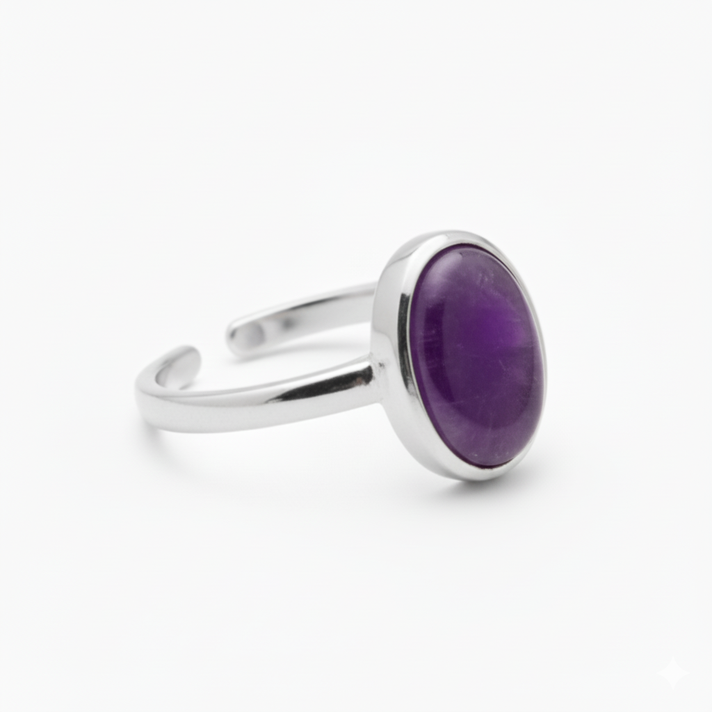 Amethyst Oval Ring in sterling silver with deep purple gemstone setting
