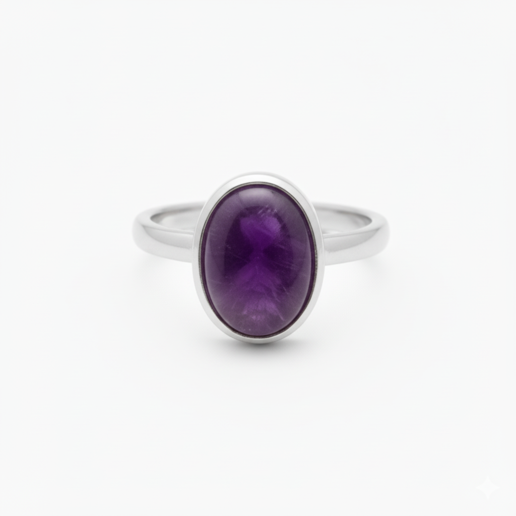 Amethyst Oval Ring worn on hand showing purple stone detail and band design