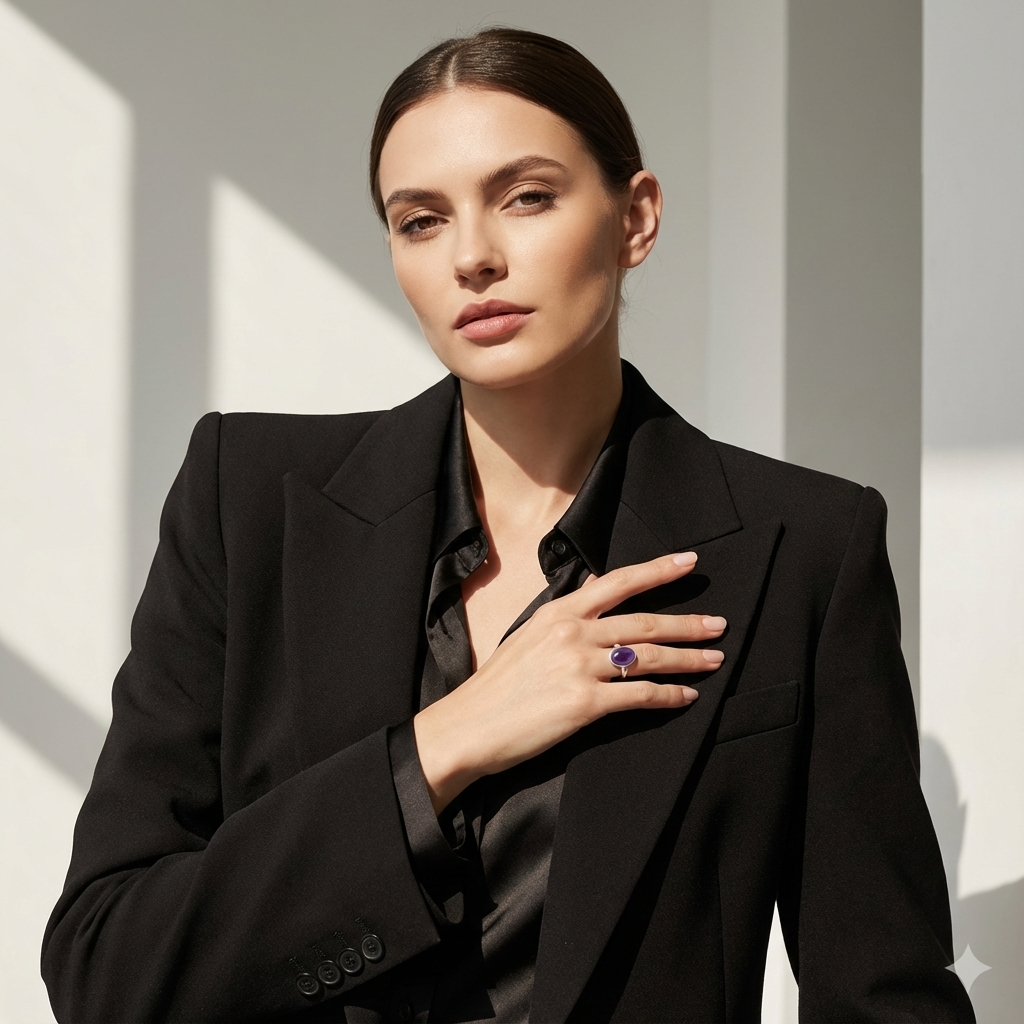 Woman wearing Amethyst Oval Ring on hand showing purple stone in lifestyle setting