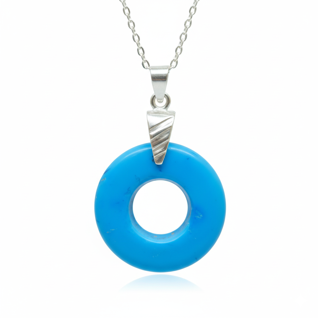 Blue circular pendant with silver triangle on a white background