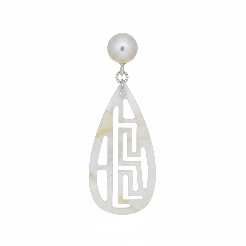 White teardrop-shaped earring with a pearl on a white background