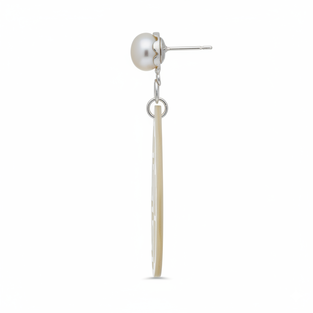 Pearl earring with a long, thin, beige drop on a white background