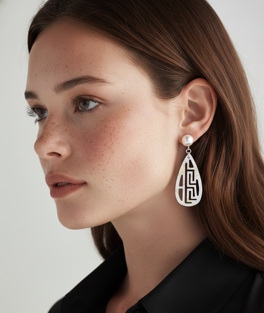 Close-up of a woman wearing a teardrop-shaped earring with a white background