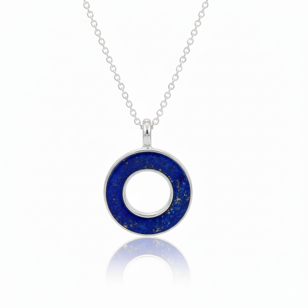 Necklace with a blue circular pendant on a white background