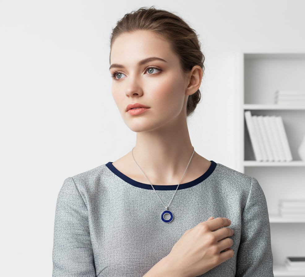 Woman wearing a necklace with a blue pendant in an office setting