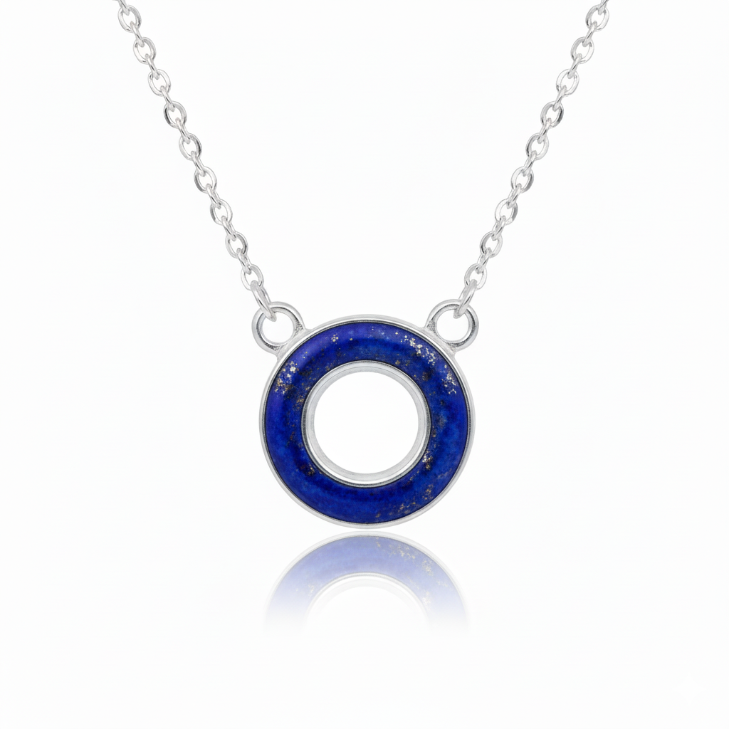 Necklace with a blue circular pendant on a white background