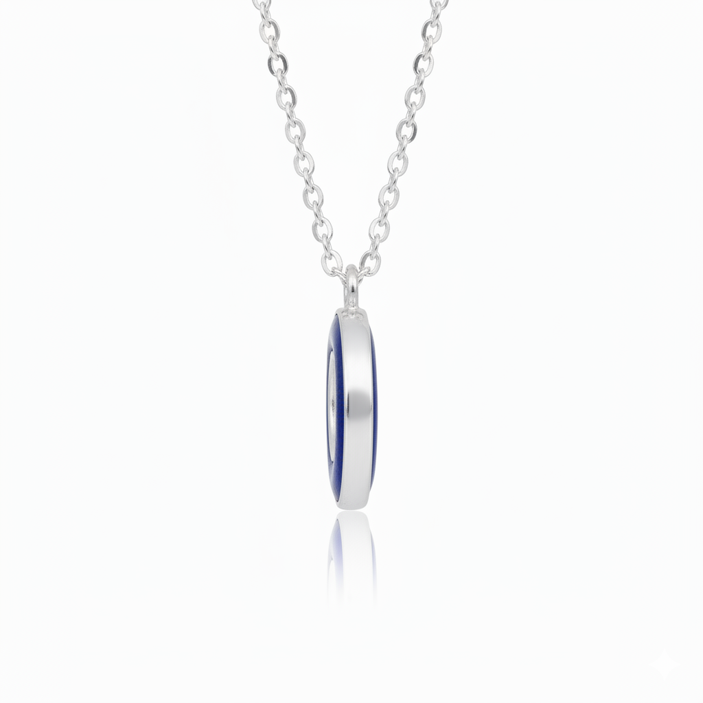 Silver necklace with a blue accent on a white background
