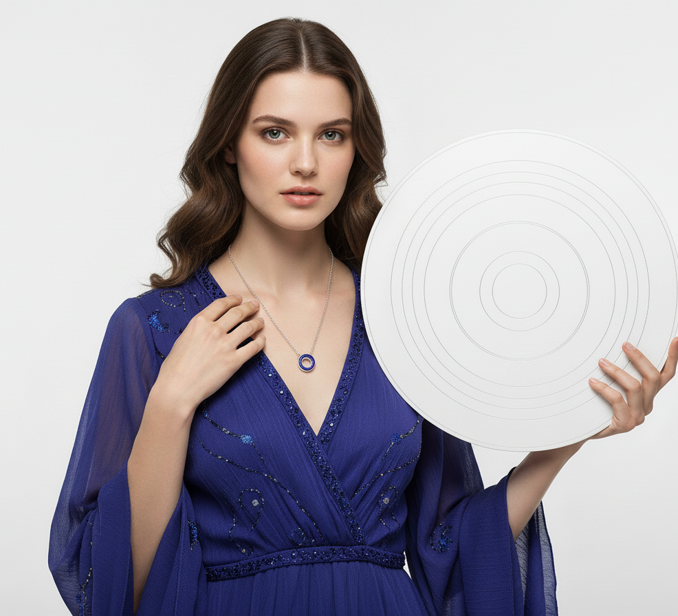 Woman in a blue dress holding a white circular object against a plain background