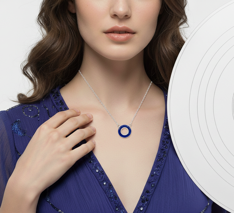 Woman wearing a blue necklace with a white background