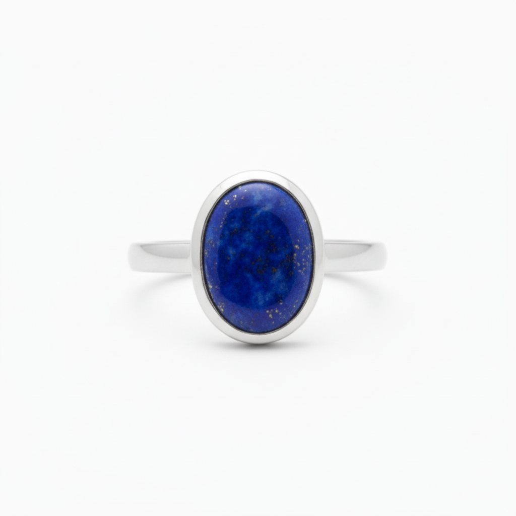 Lapis Oval Ring worn on hand showing blue stone and band design