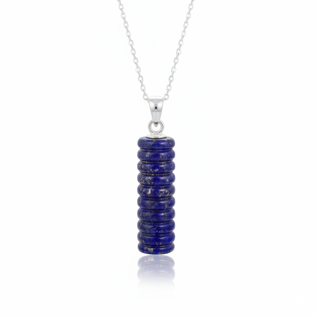 Necklace with a blue cylindrical pendant on a white background