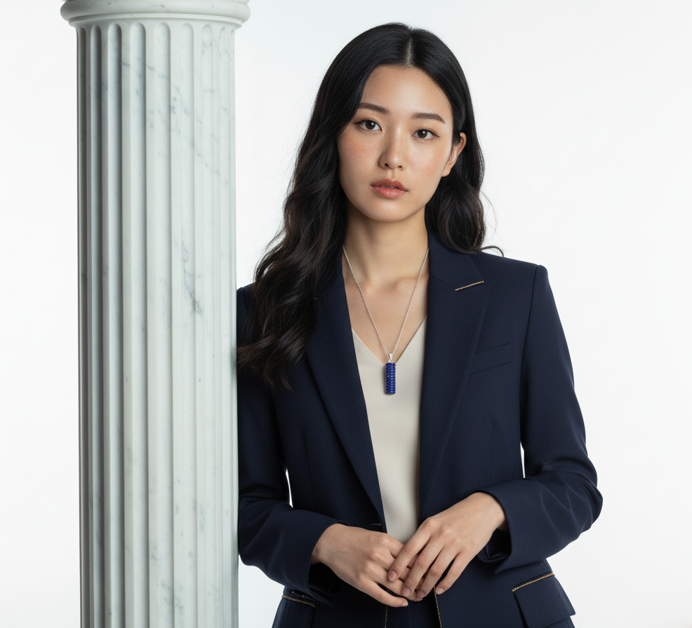 Woman in a navy blazer standing next to a classical column on a white background