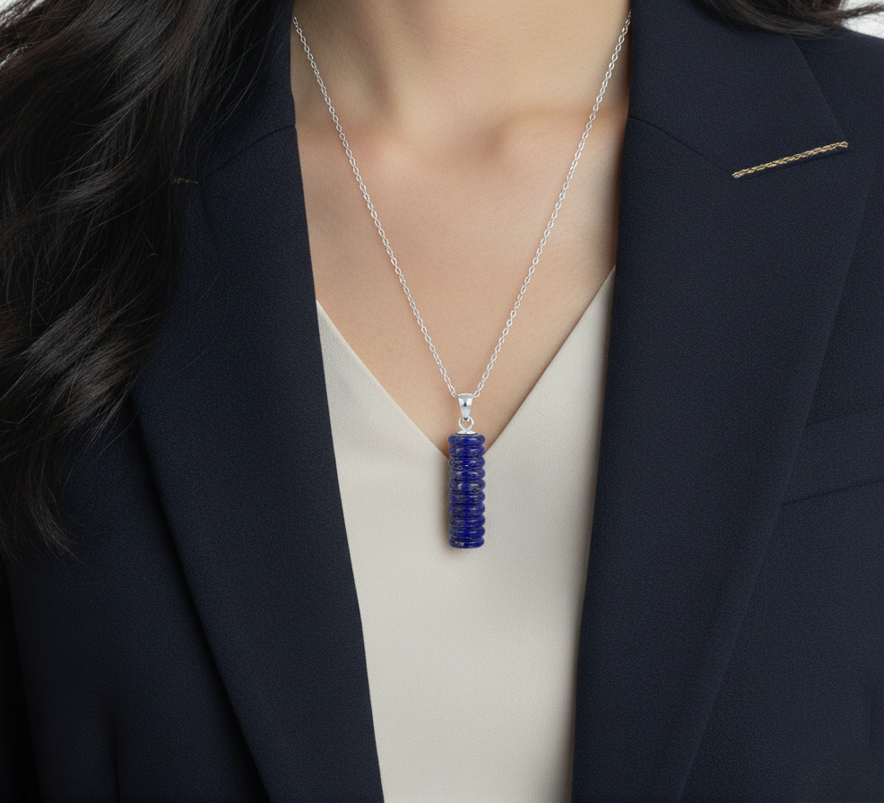 Person wearing a necklace with a blue pendant against a dark blazer and light shirt background